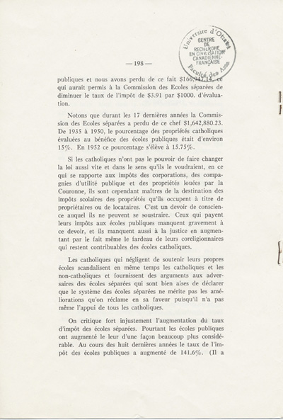 Reproduction de la cent quatre-vingt-dix-huiti&egrave;me page du dix-septi&egrave;me num&eacute;ro du sixi&egrave;me volume de Circulaires au clerg&eacute; du dioc&egrave;se d’Ottawa, 1940-1953, comprenant une lettre-circulaire de Mgr Alexandre Vachon, archev&ecirc;que d’Ottawa, intitul&eacute;e Devoir qui incombe aux catholiques de soutenir les &eacute;coles s&eacute;par&eacute;es, 25 mars 1952.