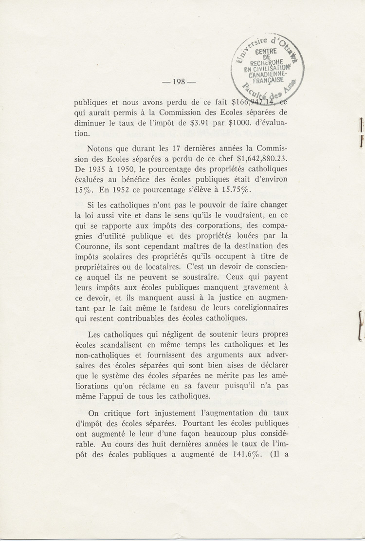 Reproduction de la cent quatre-vingt-dix-huiti&egrave;me page du dix-septi&egrave;me num&eacute;ro du sixi&egrave;me volume de Circulaires au clerg&eacute; du dioc&egrave;se d’Ottawa, 1940-1953, comprenant une lettre-circulaire de Mgr Alexandre Vachon, archev&ecirc;que d’Ottawa, intitul&eacute;e Devoir qui incombe aux catholiques de soutenir les &eacute;coles s&eacute;par&eacute;es, 25 mars 1952.