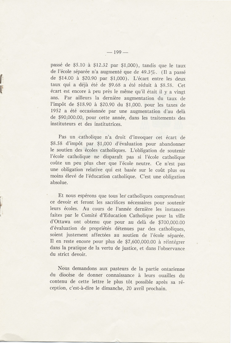 Reproduction de la cent quatre-vingt-dix-neuvi&egrave;me page du dix-septi&egrave;me num&eacute;ro du sixi&egrave;me volume de Circulaires au clerg&eacute; du dioc&egrave;se d’Ottawa, 1940-1953, comprenant une lettre-circulaire de Mgr Alexandre Vachon, archev&ecirc;que d’Ottawa, intitul&eacute;e Devoir qui incombe aux catholiques de soutenir les &eacute;coles s&eacute;par&eacute;es, 25 mars 1952.