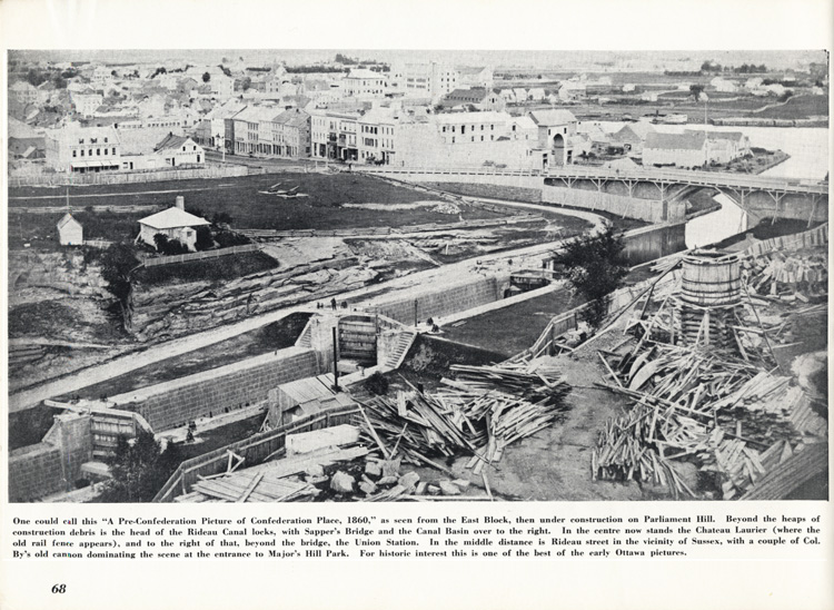 Reproduction de la soixante-huiti&egrave;me page de Centenary of Ottawa, 1854-1954, The Capital Chosen by a Queen, comprenant une illustration des d&eacute;buts de la construction de l’&Eacute;difice de l’Est du Parlement &agrave; Ottawa (Ontario) en 1860, 1954.
