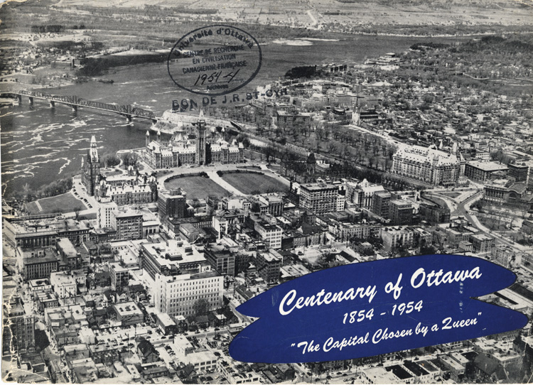 Reproduction de la soixante-dixi&egrave;me page de Centenary of Ottawa, 1854-1954, The Capital Chosen by a Queen, comprenant une illustration de la ville d’Ottawa en 1855, 1954.