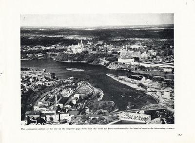 Reproduction de la soixante et onzi&egrave;me page de Centenary of Ottawa, 1854-1954. The Capital Chosen by a Queen, comprenant une photographie de la ville d’Ottawa (Ontario) en 1954, 1954.