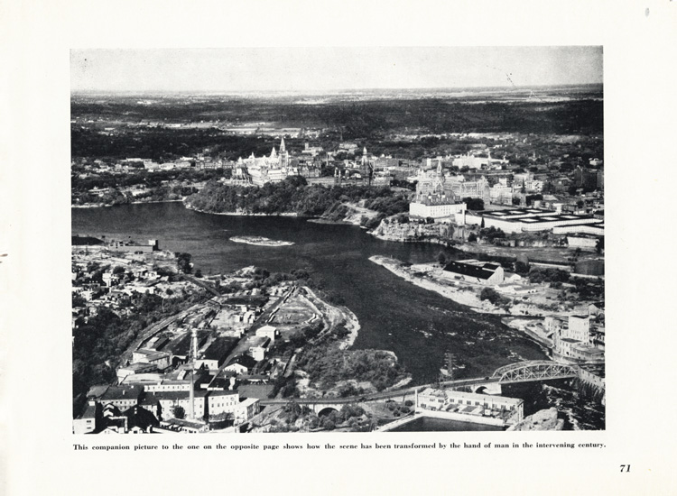 Reproduction de la soixante et onzi&egrave;me page de Centenary of Ottawa, 1854-1954. The Capital Chosen by a Queen, comprenant une photographie de la ville d’Ottawa (Ontario) en 1954, 1954.