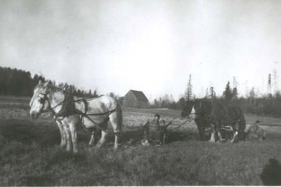 Reproduction d’une photographie de Ariste, Huguette et Jean-Charles Bock, une pause pendant les travaux de labour, Markstay (Ontario), 1947.