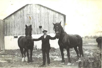 Reproduction d’une photographie de Ariste Bock et deux chevaux de trait, &agrave; son arriv&eacute;e &agrave; Markstray (Ontario), 1938.