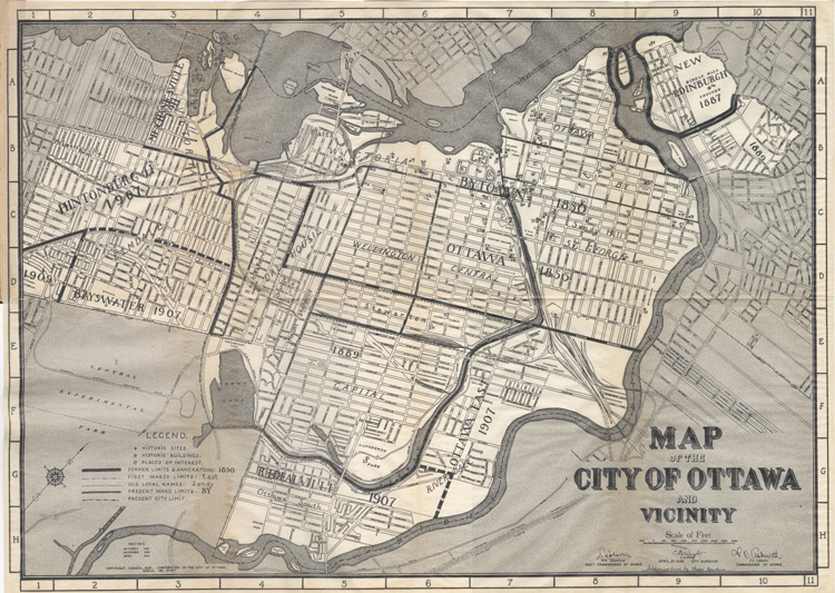 Reproduction d’une carte de la ville d’Ottawa (Ontario) en 1936 reproduite entre la deux-cent-soixante-douzi&egrave;me et la deux-cent-soixante-treizi&egrave;me page de Ottawa, capitale du Canada, de son origine &agrave; nos jours, par Lucien Brault, 1942.