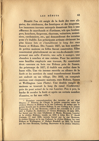 Reproduction de la soixante-troisi&egrave;me page de Ottawa, capitale du Canada, de son origine &agrave; nos jours, par Lucien Brault, relatant les d&eacute;buts de Bytown (Ontario) de 1827 &agrave; 1832, 1942.
