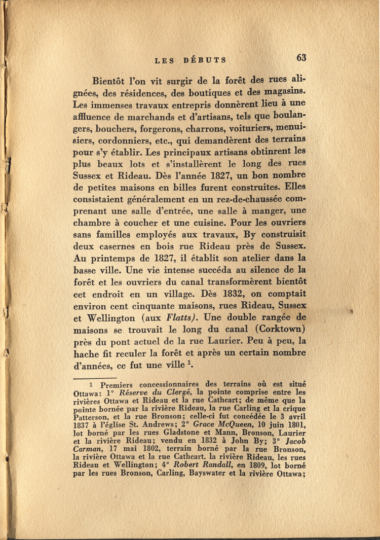 Reproduction de la soixante-troisi&egrave;me page de Ottawa, capitale du Canada, de son origine &agrave; nos jours, par Lucien Brault, relatant les d&eacute;buts de Bytown (Ontario) de 1827 &agrave; 1832, 1942.