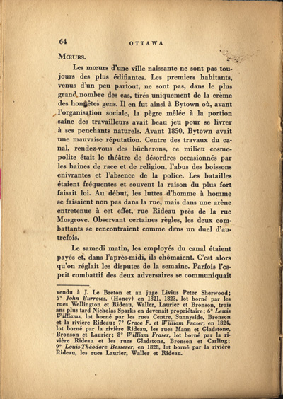 Reproduction de la soixante-quatri&egrave;me page de Ottawa, capitale du Canada, de son origine &agrave; nos jours, par Lucien Brault, d&eacute;crivant le climat de violence qui r&egrave;gne &agrave; Bytown (Ontario) jusque vers 1850, 1942.