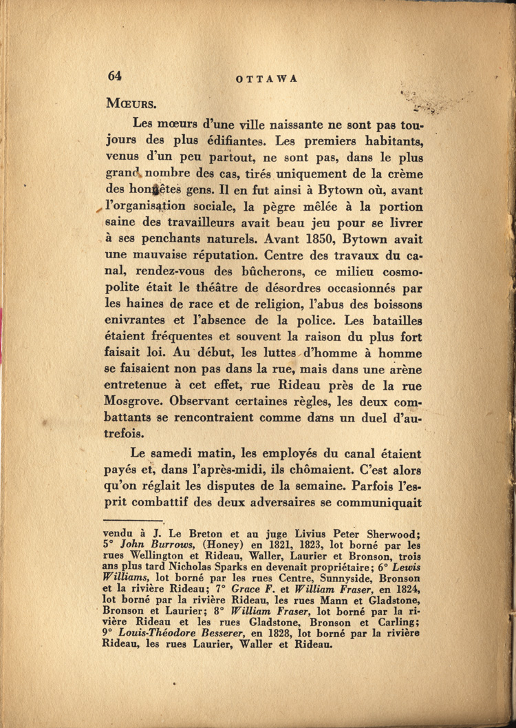 Reproduction de la soixante-quatri&egrave;me page de Ottawa, capitale du Canada, de son origine &agrave; nos jours, par Lucien Brault, d&eacute;crivant le climat de violence qui r&egrave;gne &agrave; Bytown (Ontario) jusque vers 1850, 1942.