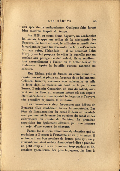 Reproduction de la soixante-cinqui&egrave;me page de Ottawa, capitale du Canada, de son origine &agrave; nos jours, par Lucien Brault, d&eacute;crivant le climat de violence qui r&egrave;gne &agrave; Bytown (Ontario) jusque vers 1850, 1942.