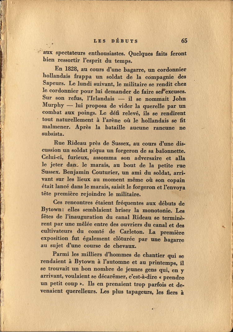 Reproduction de la soixante-cinqui&egrave;me page de Ottawa, capitale du Canada, de son origine &agrave; nos jours, par Lucien Brault, d&eacute;crivant le climat de violence qui r&egrave;gne &agrave; Bytown (Ontario) jusque vers 1850, 1942.