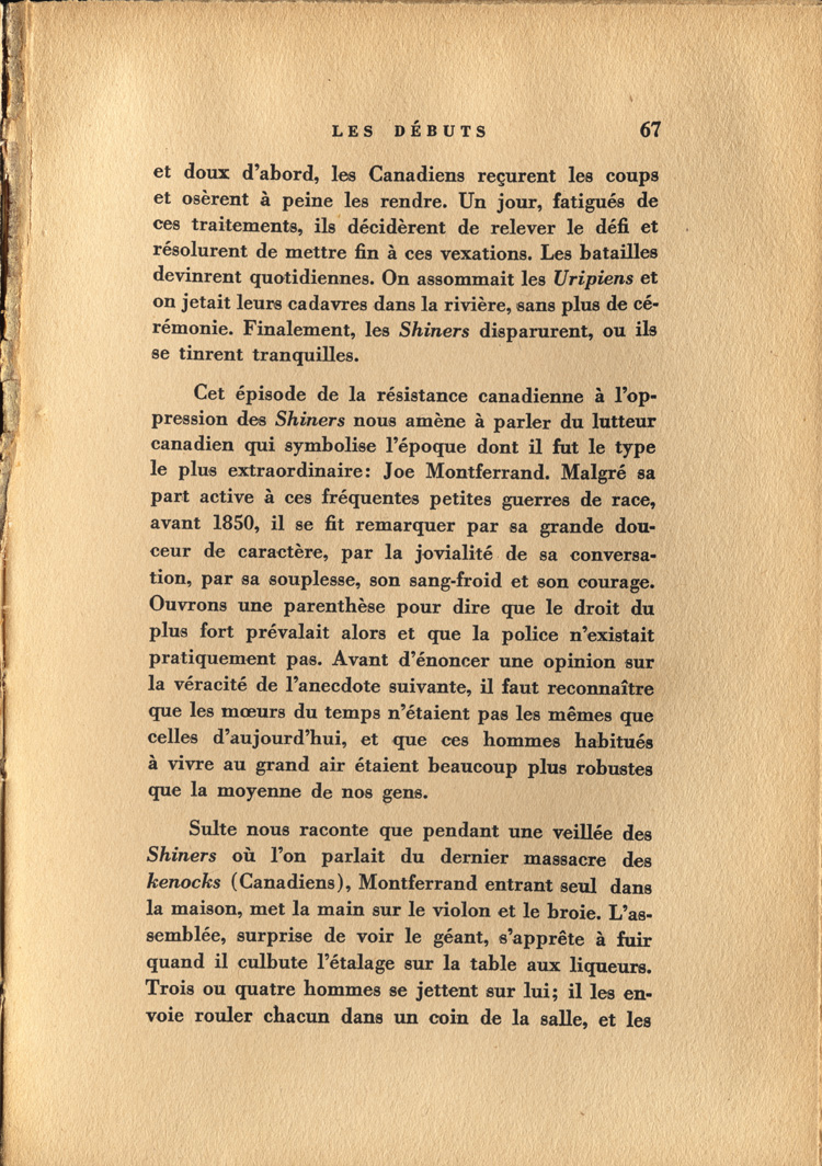 Reproduction de la soixante-septi&egrave;me page de Ottawa, capitale du Canada, de son origine &agrave; nos jours, par Lucien Brault, d&eacute;crivant le climat de violence qui r&egrave;gne &agrave; Bytown (Ontario) jusque vers 1850, 1942.