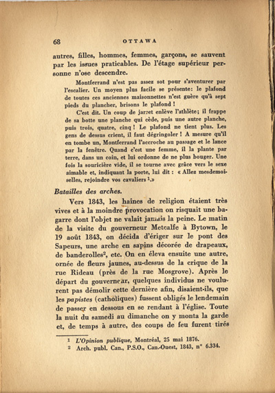 Reproduction de la soixante-huiti&egrave;me page de Ottawa, capitale du Canada, de son origine &agrave; nos jours, par Lucien Brault, d&eacute;crivant le climat de violence qui r&egrave;gne &agrave; Bytown (Ontario) jusque vers 1850, 1942.