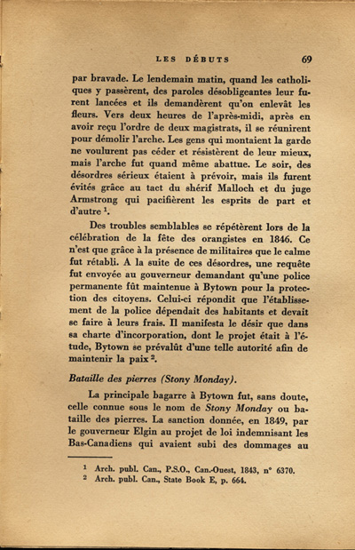 Reproduction de la soixante-neuvi&egrave;me page de Ottawa, capitale du Canada, de son origine &agrave; nos jours, par Lucien Brault, d&eacute;crivant le climat de violence qui r&egrave;gne &agrave; Bytown (Ontario) jusque vers 1850, 1942.