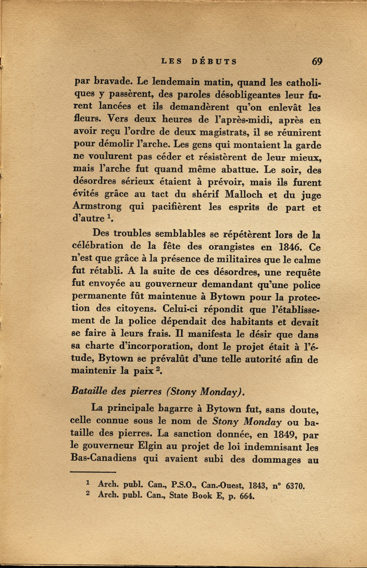 Reproduction de la soixante-neuvi&egrave;me page de Ottawa, capitale du Canada, de son origine &agrave; nos jours, par Lucien Brault, d&eacute;crivant le climat de violence qui r&egrave;gne &agrave; Bytown (Ontario) jusque vers 1850, 1942.