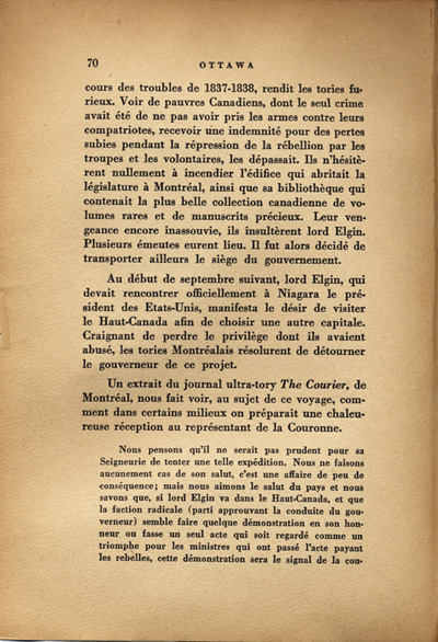Reproduction de la soixante-dixi&egrave;me page de Ottawa, capitale du Canada, de son origine &agrave; nos jours, par Lucien Brault, d&eacute;crivant le climat de violence qui r&egrave;gne &agrave; Bytown (Ontario) jusque vers 1850, 1942.
