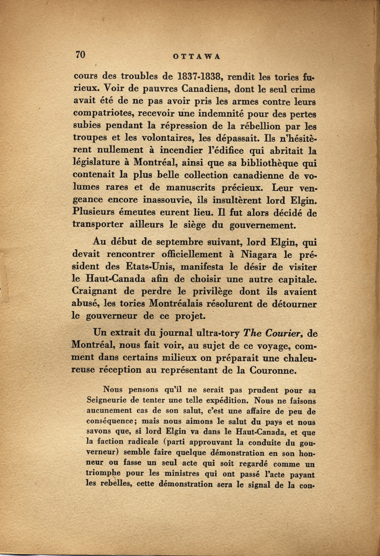 Reproduction de la soixante-dixi&egrave;me page de Ottawa, capitale du Canada, de son origine &agrave; nos jours, par Lucien Brault, d&eacute;crivant le climat de violence qui r&egrave;gne &agrave; Bytown (Ontario) jusque vers 1850, 1942.