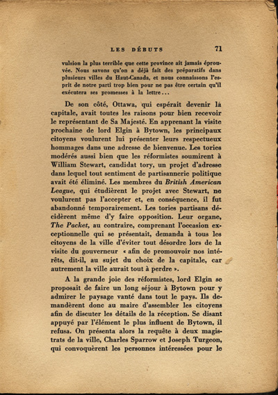 Reproduction de la soixante et onzi&egrave;me page de Ottawa, capitale du Canada, de son origine &agrave; nos jours, par Lucien Brault, d&eacute;crivant le climat de violence qui r&egrave;gne &agrave; Bytown (Ontario) jusque vers 1850, 1942.