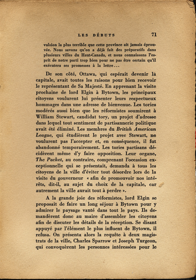 Reproduction de la soixante et onzi&egrave;me page de Ottawa, capitale du Canada, de son origine &agrave; nos jours, par Lucien Brault, d&eacute;crivant le climat de violence qui r&egrave;gne &agrave; Bytown (Ontario) jusque vers 1850, 1942.