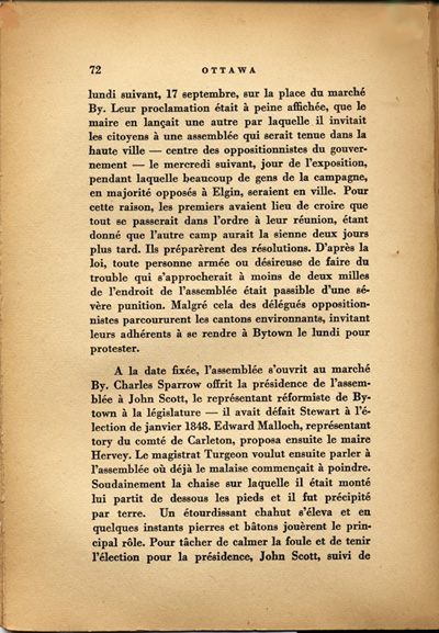 Reproduction de la soixante-douzi&egrave;me page de Ottawa, capitale du Canada, de son origine &agrave; nos jours, par Lucien Brault, d&eacute;crivant le climat de violence qui r&egrave;gne &agrave; Bytown (Ontario) jusque vers 1850, 1942.