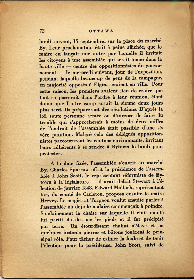 Reproduction de la soixante-douzi&egrave;me page de Ottawa, capitale du Canada, de son origine &agrave; nos jours, par Lucien Brault, d&eacute;crivant le climat de violence qui r&egrave;gne &agrave; Bytown (Ontario) jusque vers 1850, 1942.
