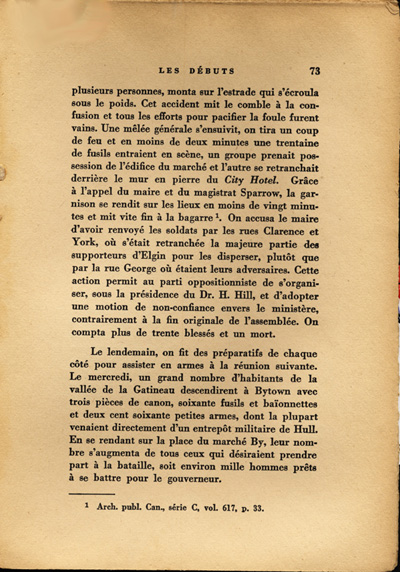 Reproduction de la soixante-treizi&egrave;me page de Ottawa, capitale du Canada, de son origine &agrave; nos jours, par Lucien Brault, d&eacute;crivant le climat de violence qui r&egrave;gne &agrave; Bytown (Ontario) jusque vers 1850, 1942.