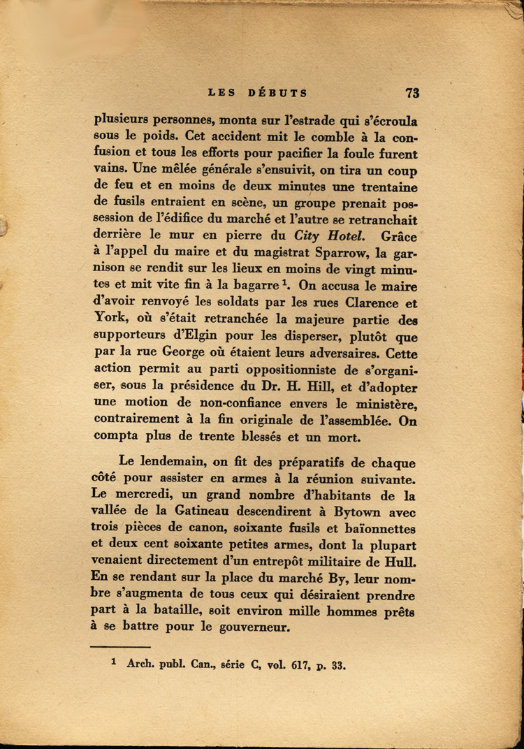 Reproduction de la soixante-treizi&egrave;me page de Ottawa, capitale du Canada, de son origine &agrave; nos jours, par Lucien Brault, d&eacute;crivant le climat de violence qui r&egrave;gne &agrave; Bytown (Ontario) jusque vers 1850, 1942.