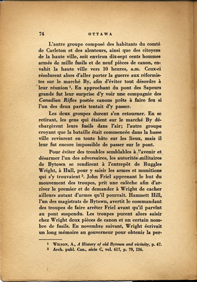 Reproduction de la soixante-quatorzi&egrave;me page de Ottawa, capitale du Canada, de son origine &agrave; nos jours, par Lucien Brault, d&eacute;crivant le climat de violence qui r&egrave;gne &agrave; Bytown (Ontario) jusque vers 1850, 1942.