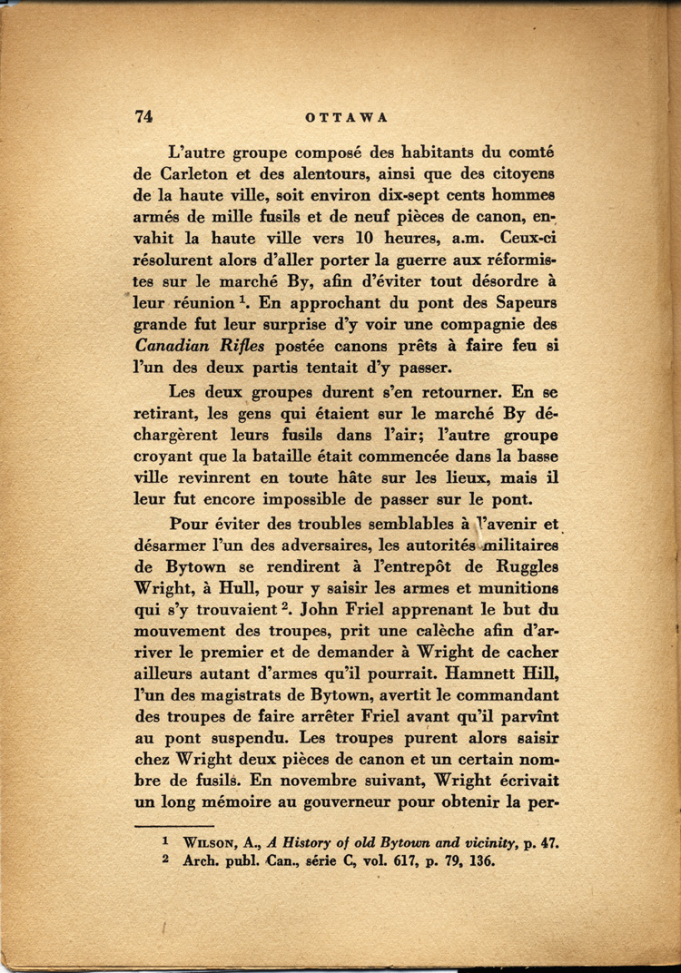 Reproduction de la soixante-quatorzi&egrave;me page de Ottawa, capitale du Canada, de son origine &agrave; nos jours, par Lucien Brault, d&eacute;crivant le climat de violence qui r&egrave;gne &agrave; Bytown (Ontario) jusque vers 1850, 1942.