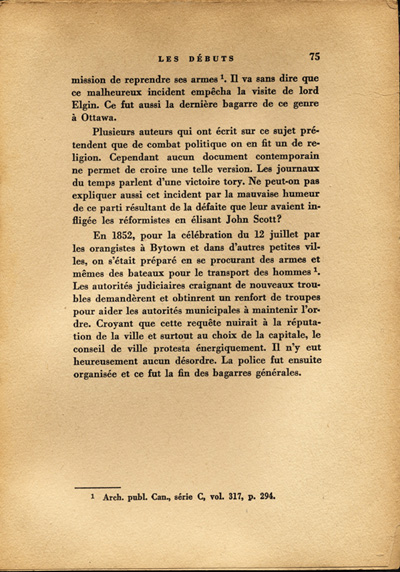 Reproduction de la soixante-quinzi&egrave;me page de Ottawa, capitale du Canada, de son origine &agrave; nos jours, par Lucien Brault, d&eacute;crivant le climat de violence qui r&egrave;gne &agrave; Bytown (Ontario) jusque vers 1850, 1942.