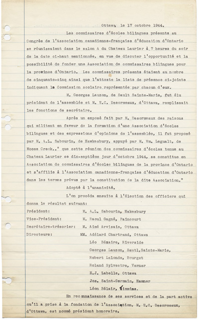 Reproduction de la premi&egrave;re page d’un extrait du proc&egrave;s-verbal de l’Association des commissaires des &eacute;coles bilingues de l’Ontario (ACEBO), 17 octobre 1944.