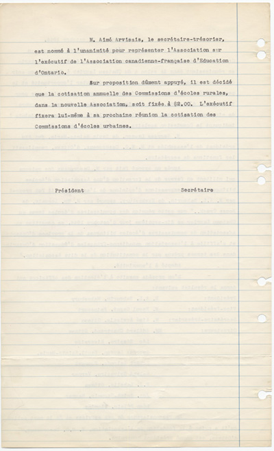 Reproduction de la deuxi&egrave;me page d’une extrait du proc&egrave;s-verbal de l’Association des commissaires des &eacute;coles bilingues de l’Ontario (ACEBO), 17 octobre 1944.