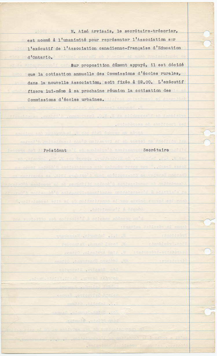 Reproduction de la deuxi&egrave;me page d’une extrait du proc&egrave;s-verbal de l’Association des commissaires des &eacute;coles bilingues de l’Ontario (ACEBO), 17 octobre 1944.