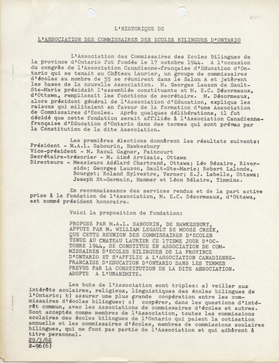Reproduction de la premi&egrave;re page de L’historique de l’Association des commissaires des &eacute;coles bilingues d’Ontario (ACEBO), 29 mars 1962.
