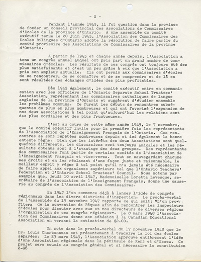 Reproduction de la deuxi&egrave;me page de L’historique de l’Association des commissaires des &eacute;coles bilingues d’Ontario (ACEBO), 29 mars 1962.