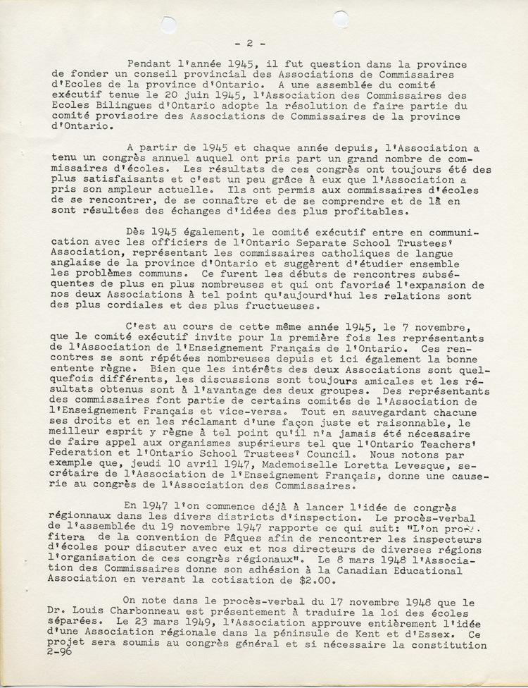 Reproduction de la deuxi&egrave;me page de L’historique de l’Association des commissaires des &eacute;coles bilingues d’Ontario (ACEBO), 29 mars 1962.