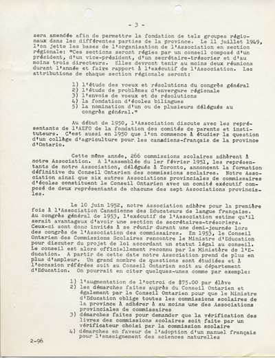 Reproduction de la troisi&egrave;me page de L’historique de l’Association des commissaires des &eacute;coles bilingues d’Ontario (ACEBO), 29 mars 1962.
