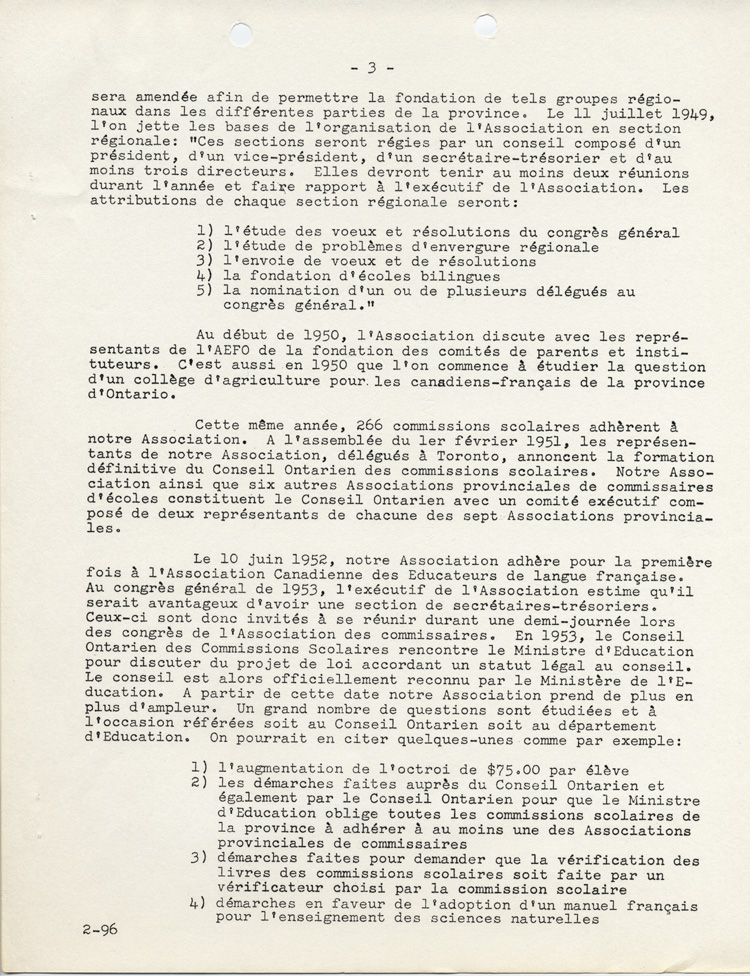 Reproduction de la troisi&egrave;me page de L’historique de l’Association des commissaires des &eacute;coles bilingues d’Ontario (ACEBO), 29 mars 1962.