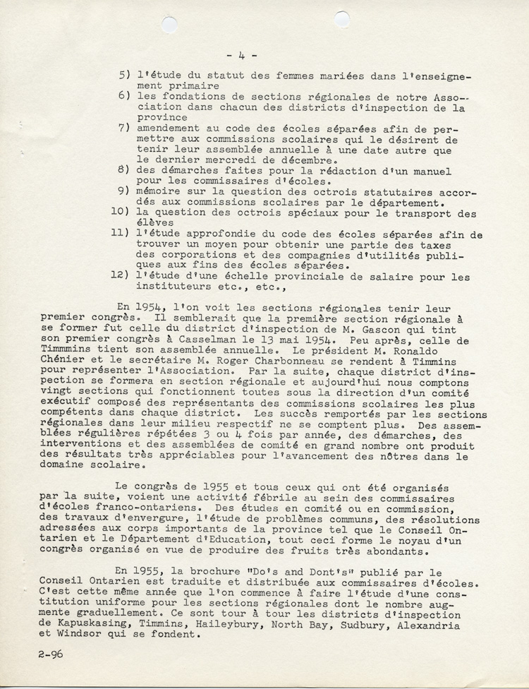 Reproduction de la quatri&egrave;me page de L’historique de l’Association des commissaires des &eacute;coles bilingues d’Ontario (ACEBO), 29 mars 1962.