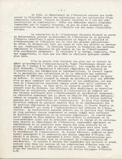 Reproduction de la cinqui&egrave;me page de L’historique de l’Association des commissaires des &eacute;coles bilingues d’Ontario (ACEBO), 29 mars 1962.