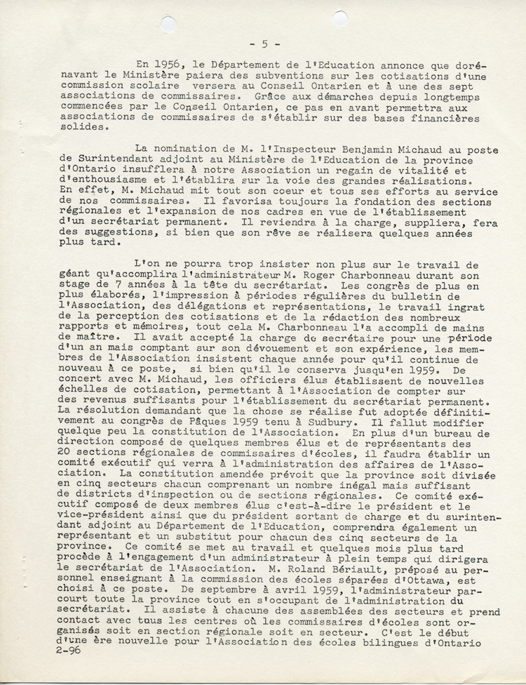 Reproduction de la cinqui&egrave;me page de L’historique de l’Association des commissaires des &eacute;coles bilingues d’Ontario (ACEBO), 29 mars 1962.