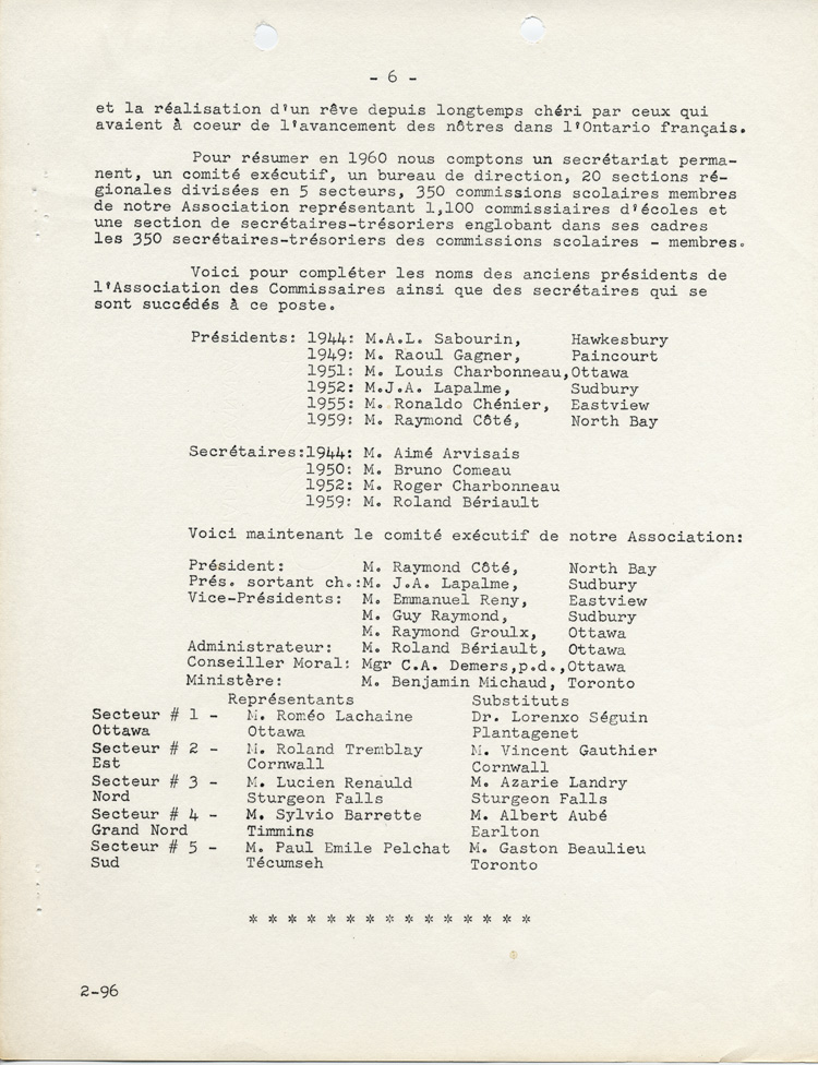 Reproduction de la sixi&egrave;me page de L’historique de l’Association des commissaires des &eacute;coles bilingues d’Ontario (ACEBO), 29 mars 1962.