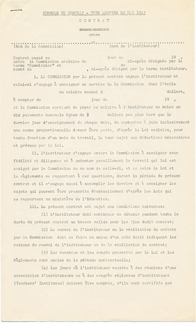 Reproduction de la premi&egrave;re page du formulaire de contrat-type entre la commission scolaire et l’instituteur, adopt&eacute; en mai 1943 par l’Association des commissaires des &eacute;coles bilingues de l’Ontario (ACEBO), 1943.