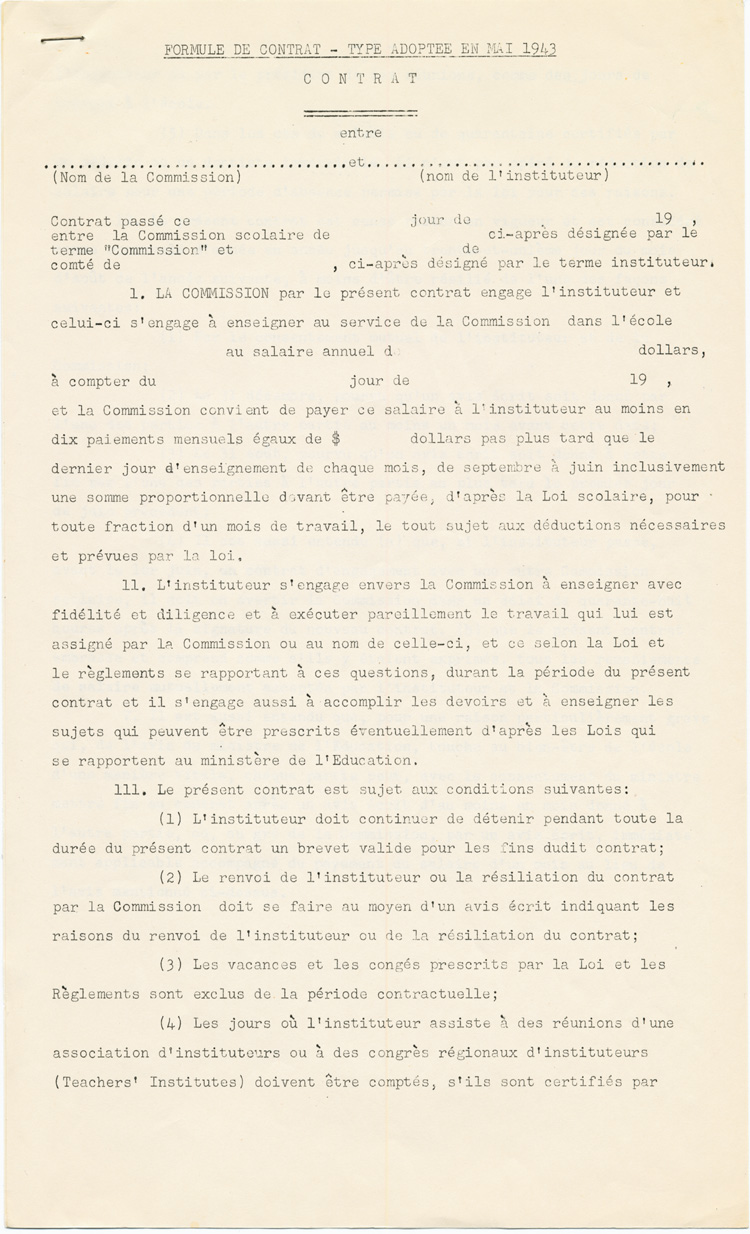 Reproduction de la première page du formulaire de contrat-type entre la commission scolaire et l’instituteur, adopté en mai 1943 par l’Association des commissaires des écoles bilingues de l’Ontario (ACEBO), 1943.