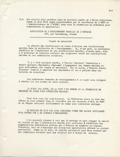 Reproduction de la premi&egrave;re page d’un article de l’Association de l’enseignement fran&ccedil;ais de l’Ontario (AEFO), conjointement avec l’Association des commissaires des &eacute;coles bilingues de l’Ontario (ACEBO), pour L’&eacute;cole ontarienne, 1962.