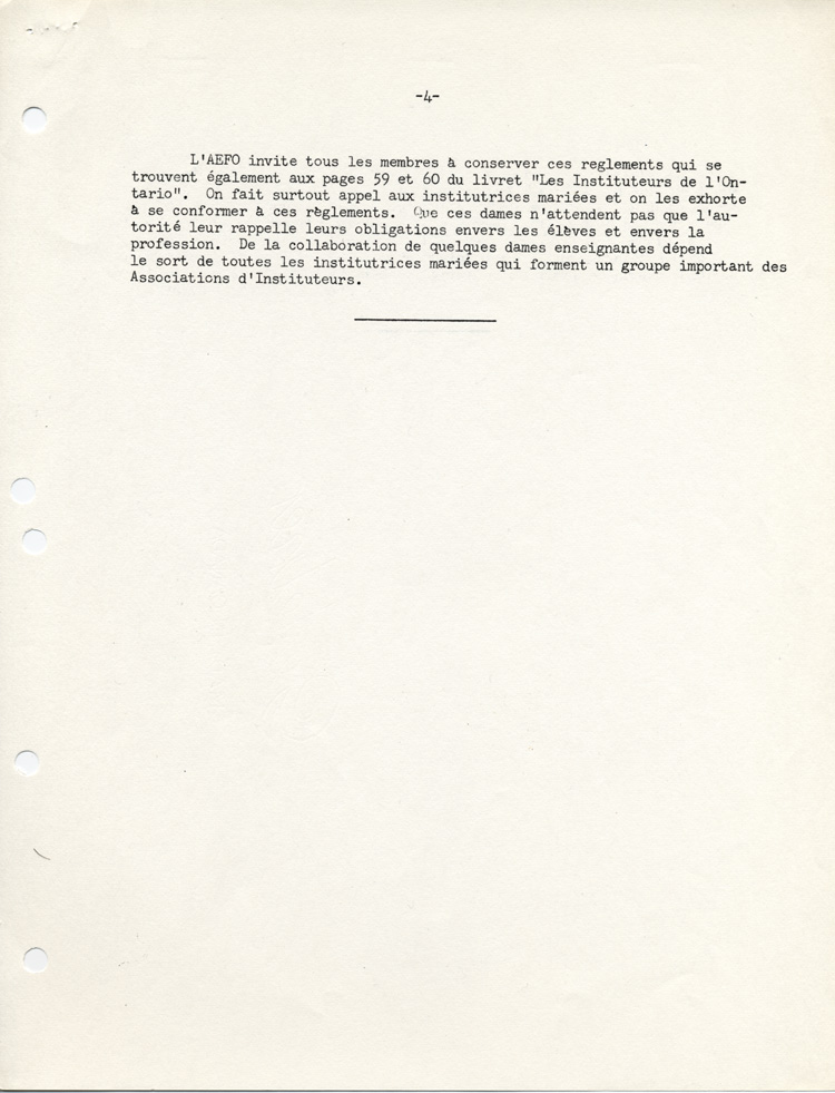 Reproduction de la quatri&egrave;me page d’un article de l’Association de l’enseignement fran&ccedil;ais de l’Ontario (AEFO), conjointement avec l’Association des commissaires des &eacute;coles bilingues de l’Ontario (ACEBO), pour L’&eacute;cole ontarienne, 1962.