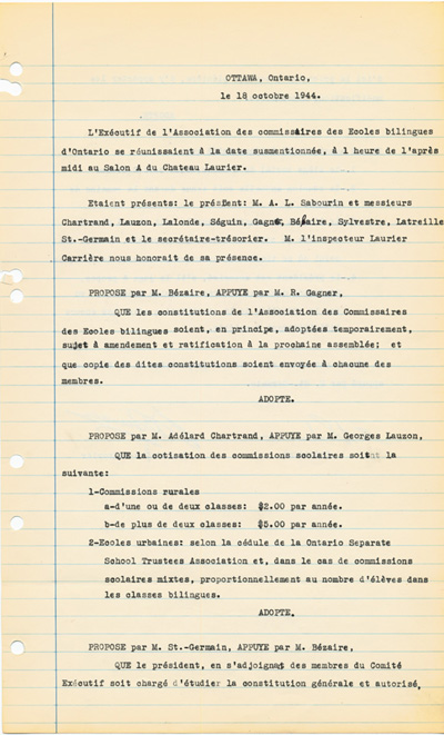 Reproduction de la premi&egrave;re page du proc&egrave;s-verbal d’une r&eacute;union du comit&eacute; ex&eacute;cutif de l’Association des commissaires des &eacute;coles bilingues de l’Ontario (ACEBO), 18 octobre 1944.