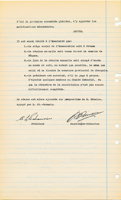 Reproduction de la deuxi&egrave;me page du proc&egrave;s-verbal d’une r&eacute;union du comit&eacute; ex&eacute;cutif de l’Association des commissaires des &eacute;coles bilingues de l’Ontario (ACEBO), 18 octobre 1944.