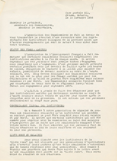 Reproduction de la premi&egrave;re page du premier num&eacute;ro du premier volume du Bulletin de l’Association des commissaires des &eacute;coles bilingues d’Ontario (ACEBO), 15 novembre 1956.